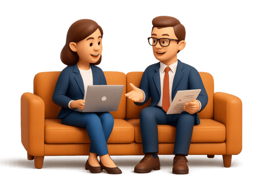Business Discussion on Sofa with Professionals Engaged in Simple Conversation png