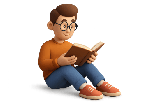 Young man sits and reads a book with love for simple stories png
