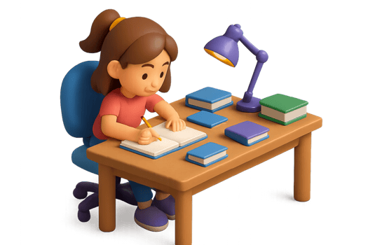 Young Girl Doing Homework at Desk with Books and Lamp png