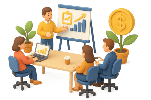 Team Discussion on 3D Investment Strategies with Charts and Money png