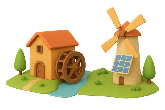 Simple Cartoon Renewable Energy Concept with Windmill and Watermill png