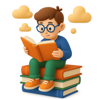 3D Character Reading Book with Colorful Clouds and Stacked Books png