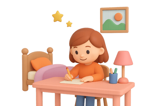 Cheerful Girl Writing at Desk in a Cozy Room with Decor png