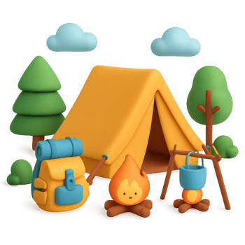3D Camping Scene with Tent, Fire, and Backpack in a Simple Design png
