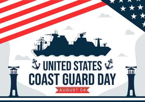 American Coast Guard Day on August 4 with Boat and Flag in Flat Cartoon Style vector