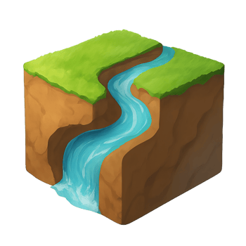 3D Flowing Water Scene with Green Hills and Canyon Design png