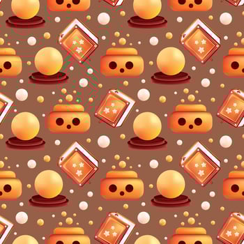 Happy Halloween seamless pattern. Scary pumpkin with potion, book and magic ball. Holiday illustration vector