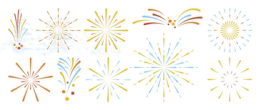Set of Happy New year firework illustration. Collection of golden, light red, blue orange fireworks on white background. Suitable for decoration, print, poster, banner, wallpaper, card, cover. vector