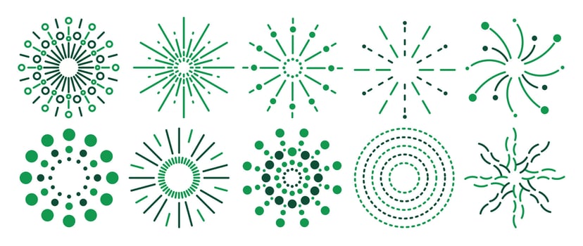 Set of Happy New year firework illustration. Collection of light green and dark green fireworks on white background. Suitable for decoration, print, poster, banner, wallpaper, card, cover. vector