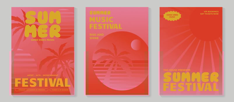Summer party music poster background set. Electro Sound Cover template with coconut tree, red color, line wave, beach, sunset. Hot summer design for social media, party, music festival. vector