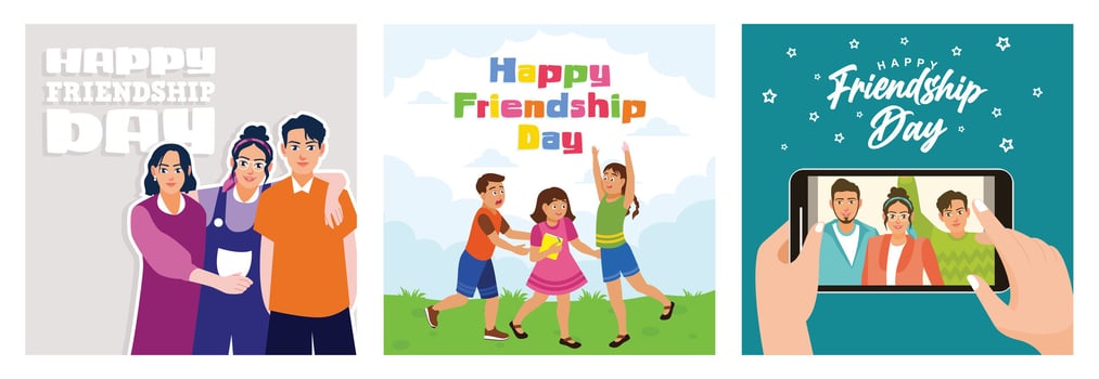 Three Friends Hugging Each Other. Kids are Jumping and Laughing. Friends Taking a Photo Together. vector