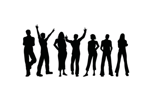 Silhouette Set of Men and Women Standing in Various Poses Including Profiles and Raised Hands Business Group Illustration in Black Isolated on White Background vector