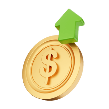 Gold coin with dollar sign and green arrow on black background png