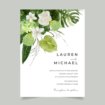Greenery Wedding Invitation Card with Beautiful Watercolor Anthurium Flower, Lotus Fruits, Rose and Magnolia Flowers vector