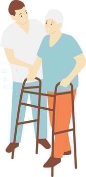 Volunteers Man Helping Elderly Walking. vector