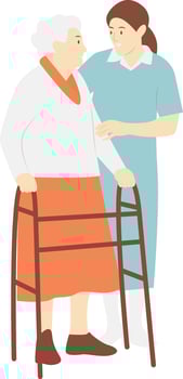 Volunteers Woman Helping Elderly Walking. vector