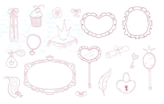 Princess cute set hand drawn sketch. Girl magic fairy mirror, pageant, crown, fairytale fantasy. Royal accessory. Letter and key. vector