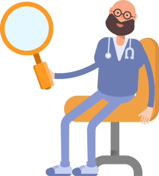 Male Physician Character Sitting and Holding Magnifier png