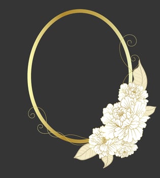 Golden oval frame, princess photo frame, luxury card decoration elements, white flowers vector