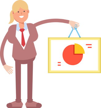 Businesswoman in Suit Character Holding Pie Chart Signage png