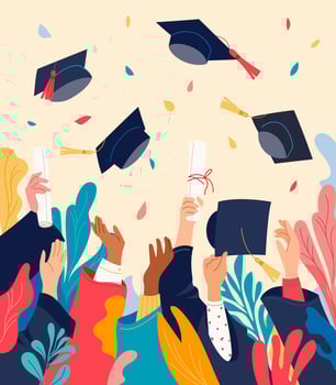 Happy diverse students holding diplomas and throwing graduation caps. Celebration of success, achievement, end of college. Festive design for invitation or banner education concept illustration vector
