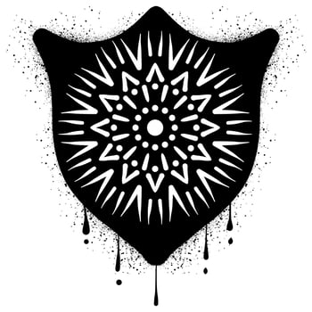Shield graffiti with sun symbol in black spray paint vector