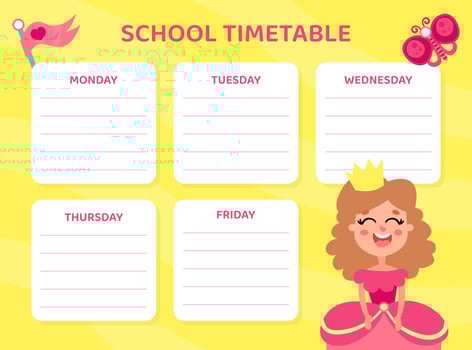 School Timetable with Smiling Girl Princess Wearing Crown Template vector