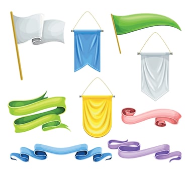 Colorful fabric flags, pennants, ribbons set. Blank advertising banners illustration vector