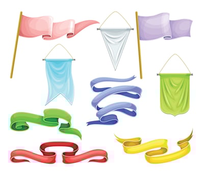Fabric flags, pennants, ribbons set. Blank advertising banners of different colors illustration vector
