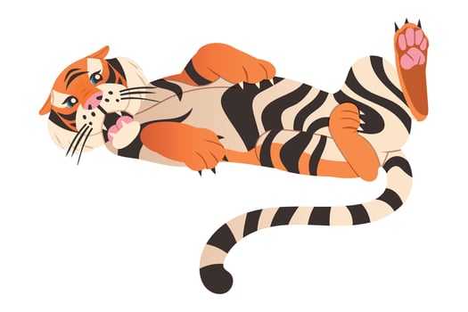 Big tiger wild animal lying on its back illustration vector