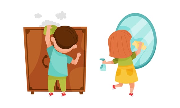 Boy dusting wooden cabinet, girl cleaning mirror. Kids helping parents with housework, household chores cartoon illustration vector