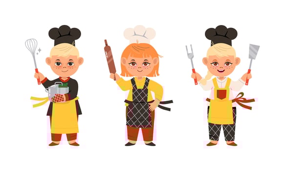 Children cook chefs in uniform with kitchen tools set cartoon illustration vector
