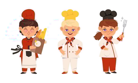 Cheerful children cook chefs in uniform set cartoon illustration vector