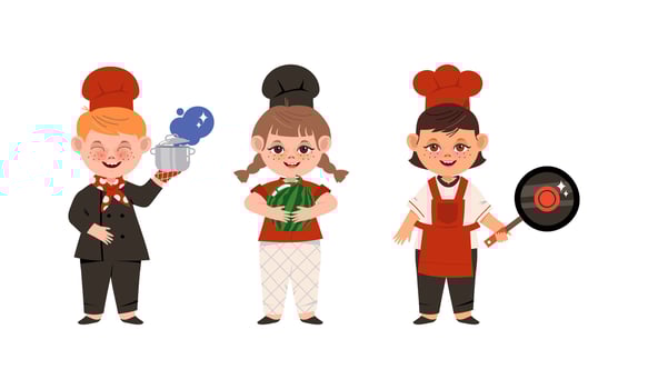 Happy smiling children chefs in uniform set cartoon illustration vector