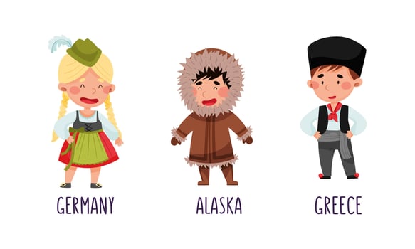 Cute kids in national costumes of different countries set. Children in traditional clothing of Germany, Alaska, Greece cartoon illustration vector