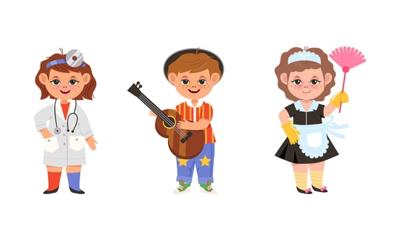 Kids of various professions set. Otolaryngologist doctor, musician and maid cartoon illustration vector