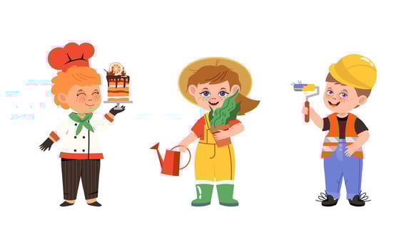Kids of various professions set. Farmer, chef cook, builder cartoon illustration vector