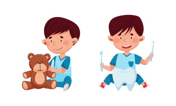 Cute kids playing doctors set. Boys curing their toys with medical tools cartoon illustration vector