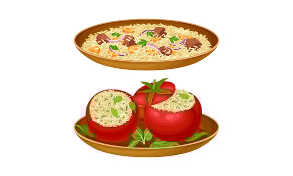 Arabian cuisine dishes set. Pilaf and stuffed peppers illustration vector