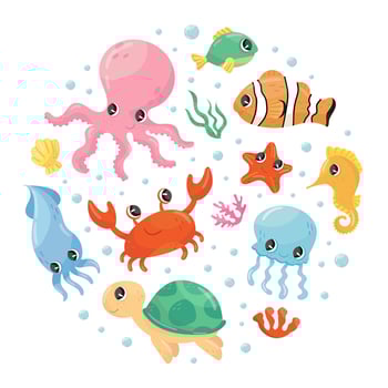Cute marine animals in circular shape. Undersea world poster, card, background design element illustration vector