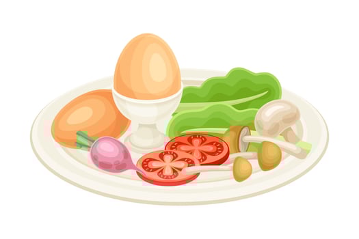 Tasty food dish for breakfast. Boiled egg with mushrooms and vegetables illustration vector