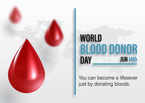 Blood droplets in 3d glossy style with slogan and the day, name of event on world map and white background. Poster's campaign of world blood donor day vector