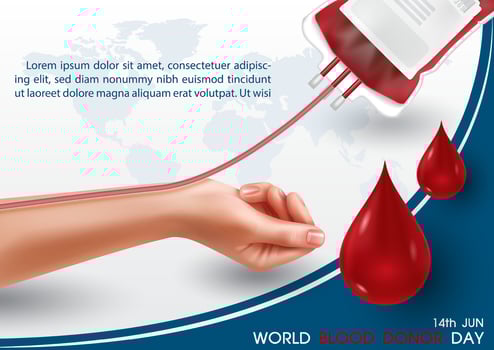 Poster illustration campaign of world blood donor day with hand of human sharing bloods in realistic style, blood droplets, wording of event and example texts on world map and white background. vector