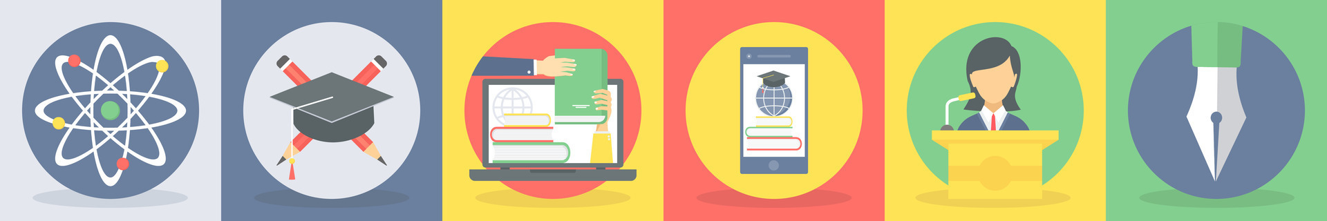 Six education icons as atom, graduation, e-learning vector