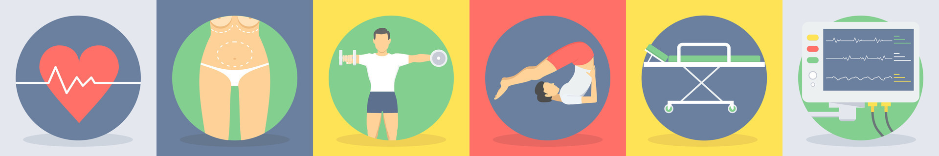 Six medical icons as heart beat, cosmetic surgery, exercise vector
