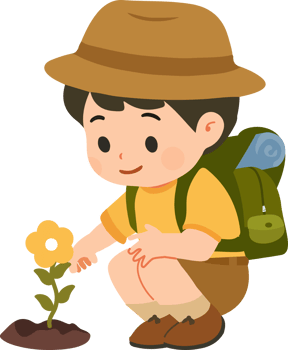 Boy with backpack planting a flower png