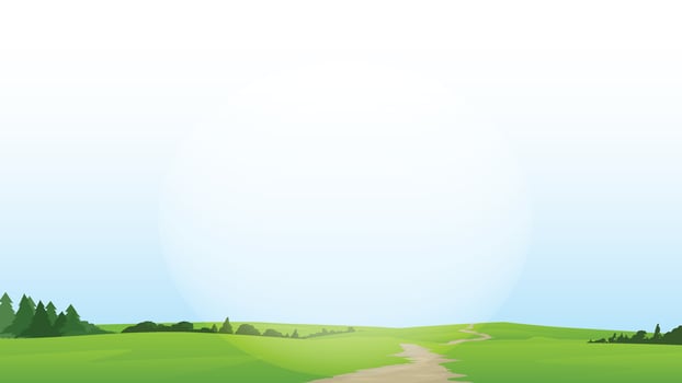 Background nature landscape winding dirt road. Through bright green landscape with hills trees. Empty space background under clear blue sky with bright light. vector