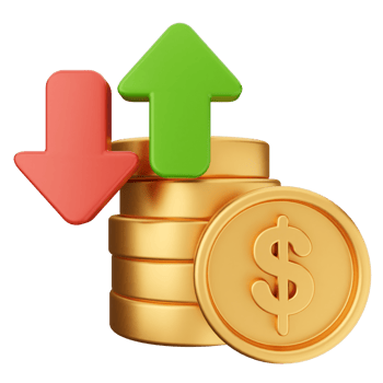A stack of gold coins with an arrow pointing up and a dollar sign png