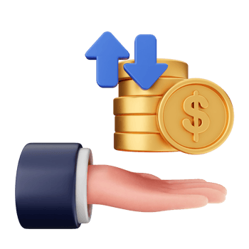 Money icon with a hand holding a stack of coins and an arrow pointing up png