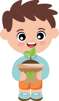 Happy Boy Holding a Small Green Plant vector